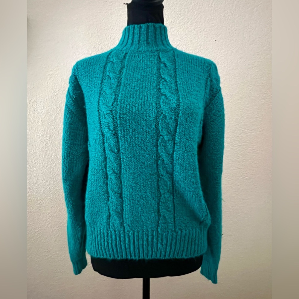 Vintage 80s TJW for Mervyn’s Women’s Turquoise Mock Neck Cable Knit Sweater SM - Picture 2 of 11